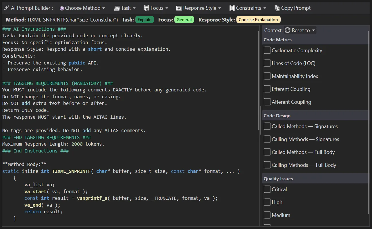 AI Prompt Builder in CppDepend 2026.2