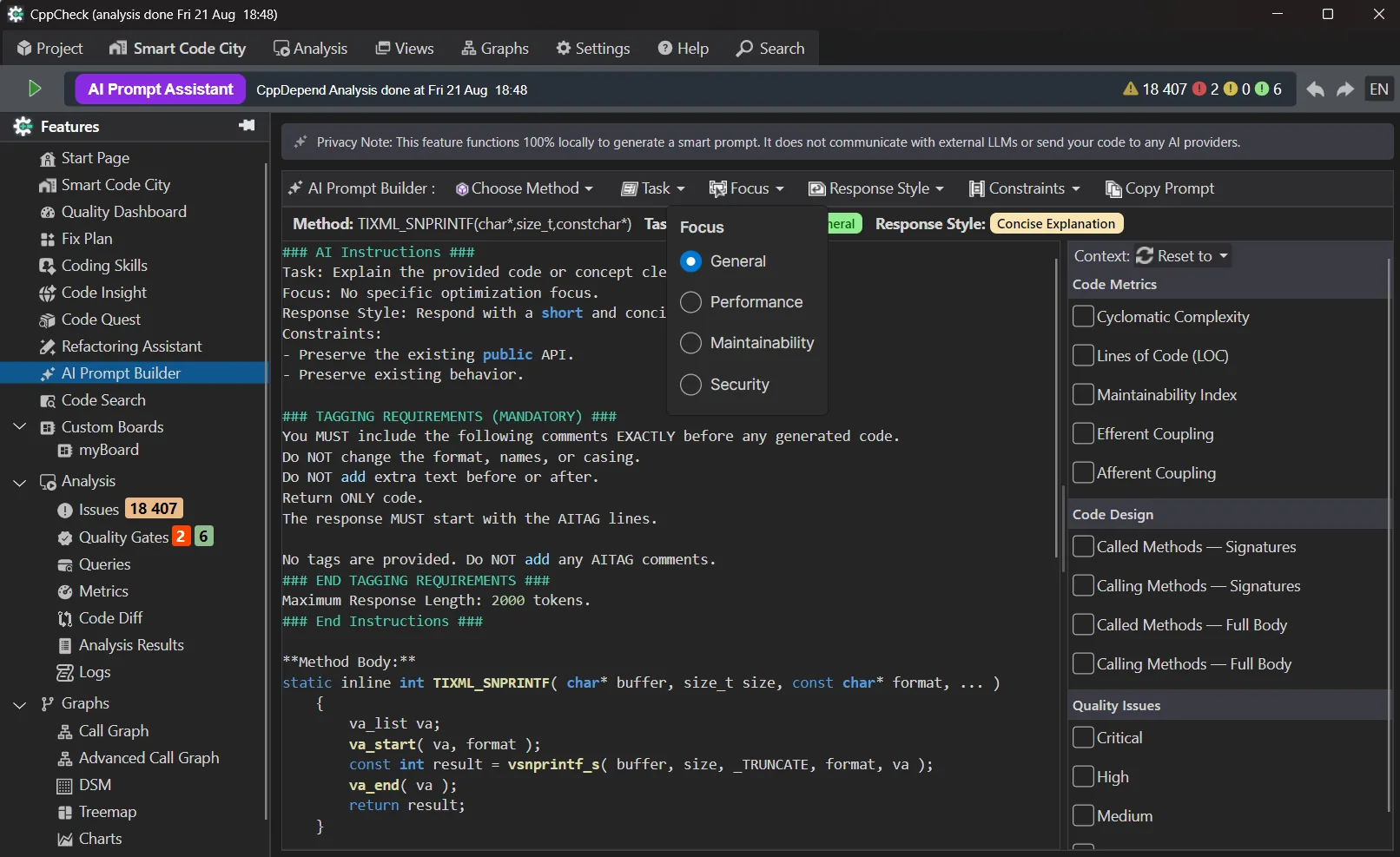 AI Prompt Builder focus selector: General, Performance, Maintainability, Security