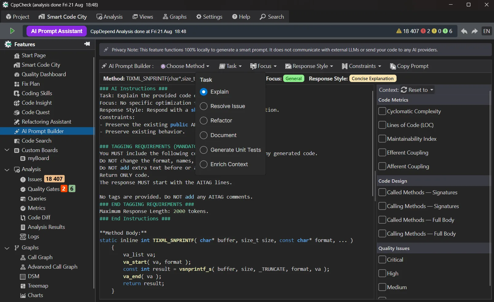AI Prompt Builder task selector: Explain, Resolve Issue, Refactor, Document, Generate Unit Tests, Enrich Context