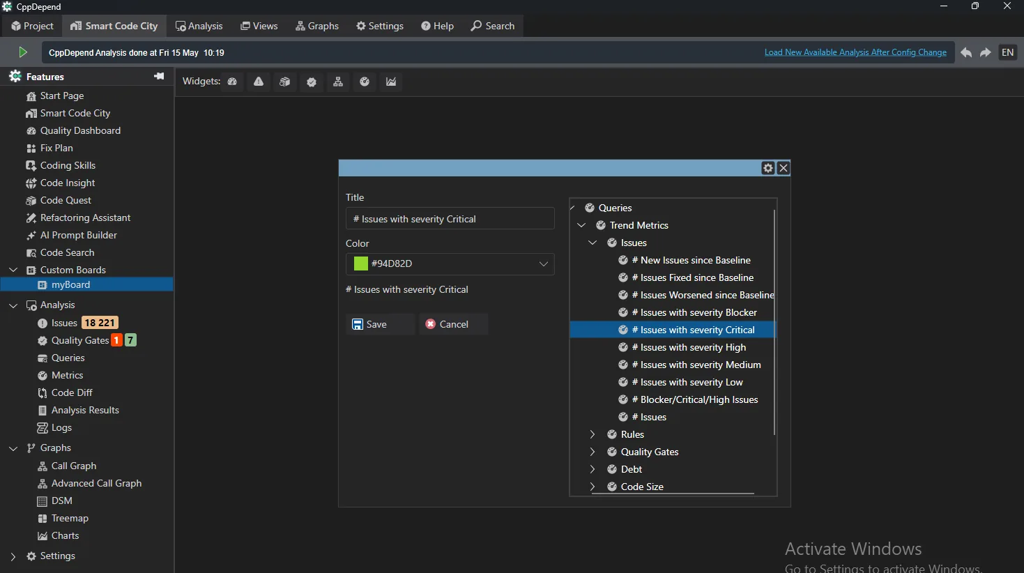 Add a metric widget: issues by severity, debt, code size