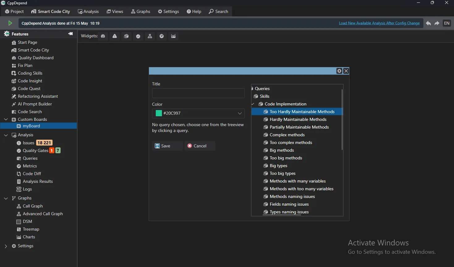Add a query widget from the queries tree