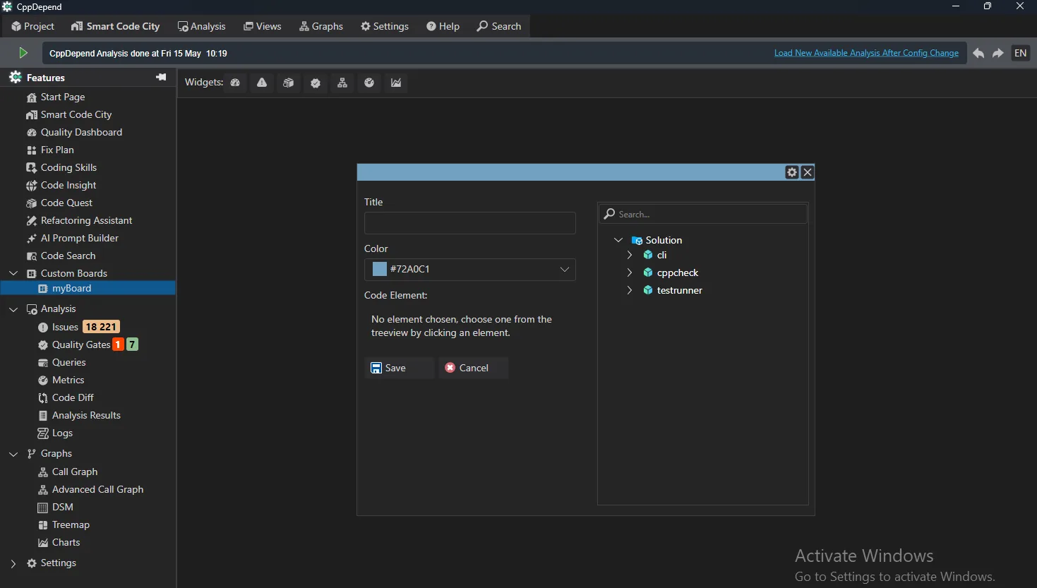 Add widget dialog: pick a code element for summary or call graph widgets