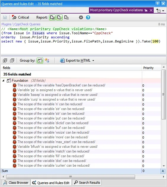 Browse for CppCheck problems with Code Quest