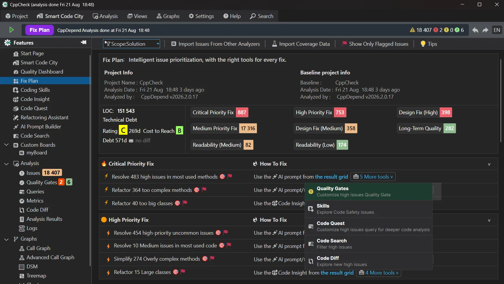 Fix Plan tools menu: Quality Gates, Skills, Code Quest, Code Search, Code Diff