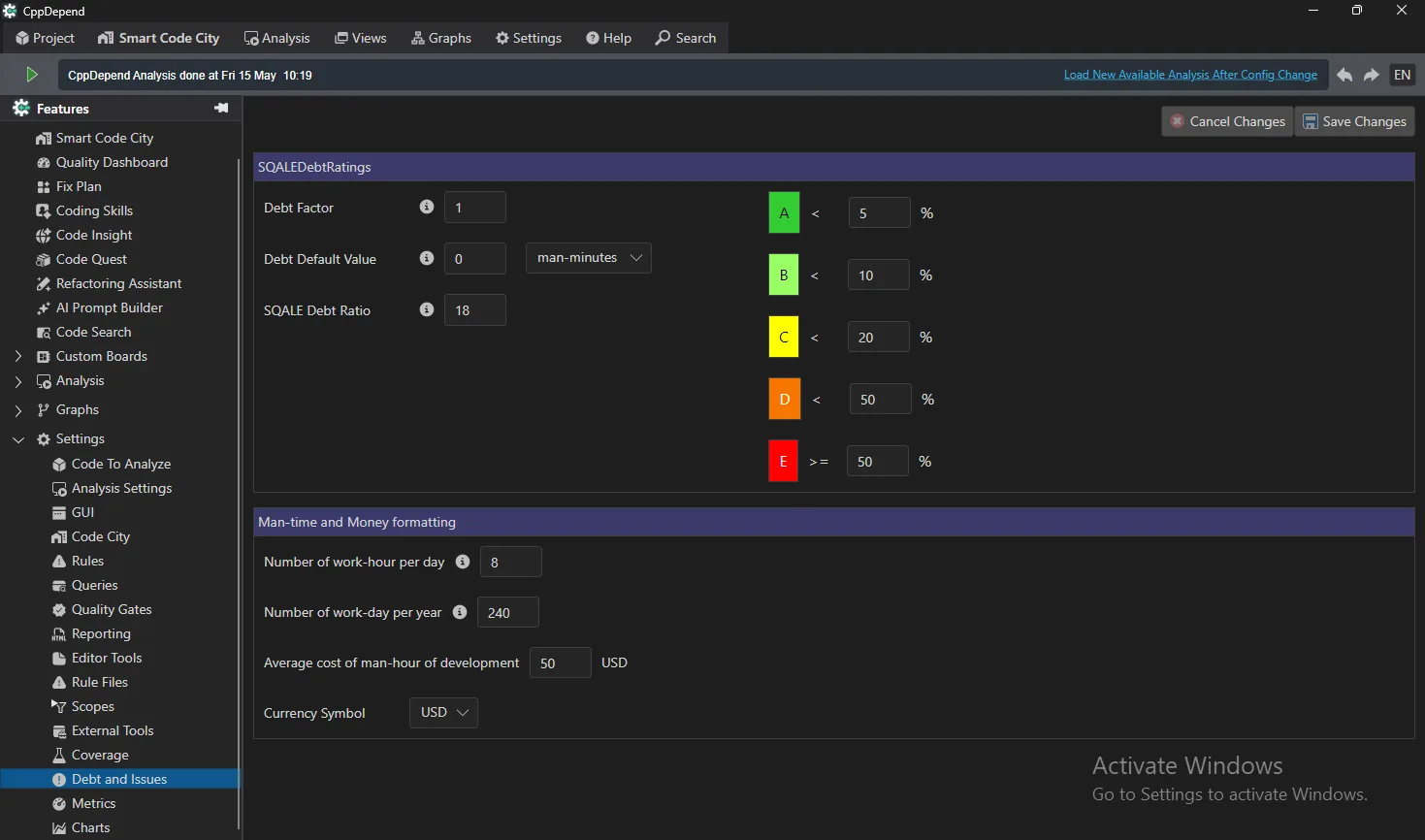 technical debt settings in cppdepend