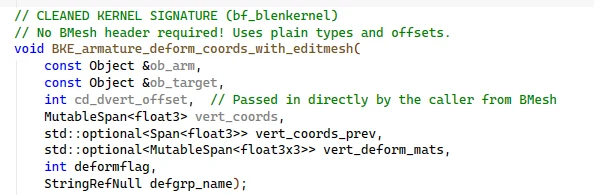Bereinigte Kernel-Signatur mit einfachen Typen und Offsets — kein Bmesh-Header erforderlich