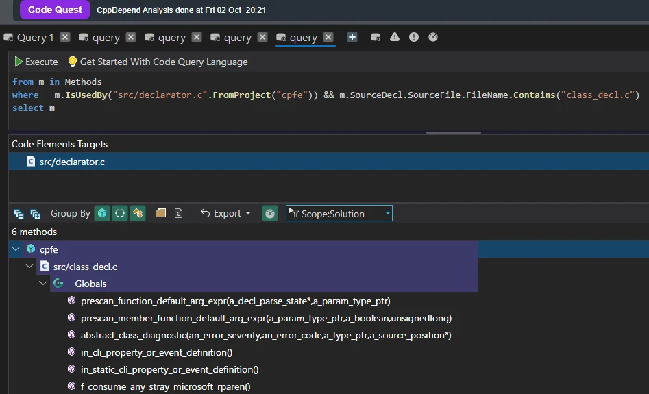 Requête Code Quest listant les six méthodes de class_decl.c utilisées par declarator.c