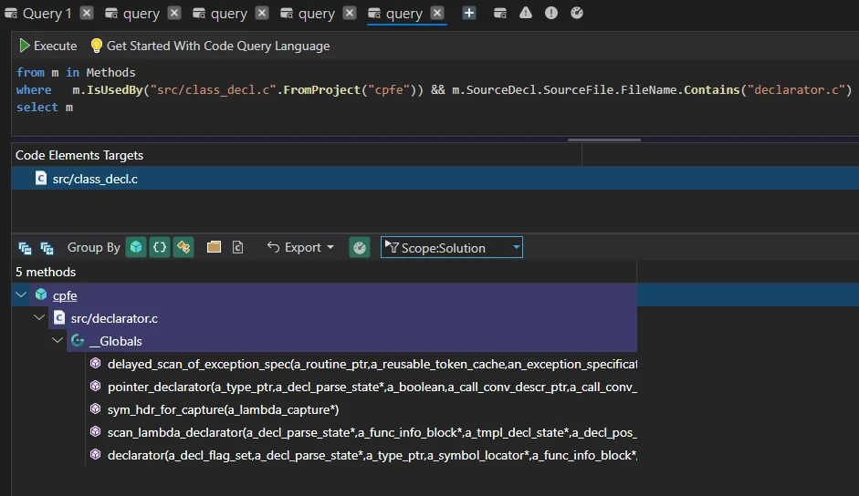 Requête Code Quest listant les cinq méthodes de declarator.c utilisées par class_decl.c