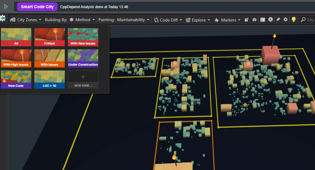 City-Zones-Filterung in Smart Code City: kritische, neue, geänderte oder issue-belastete Bereiche isolieren