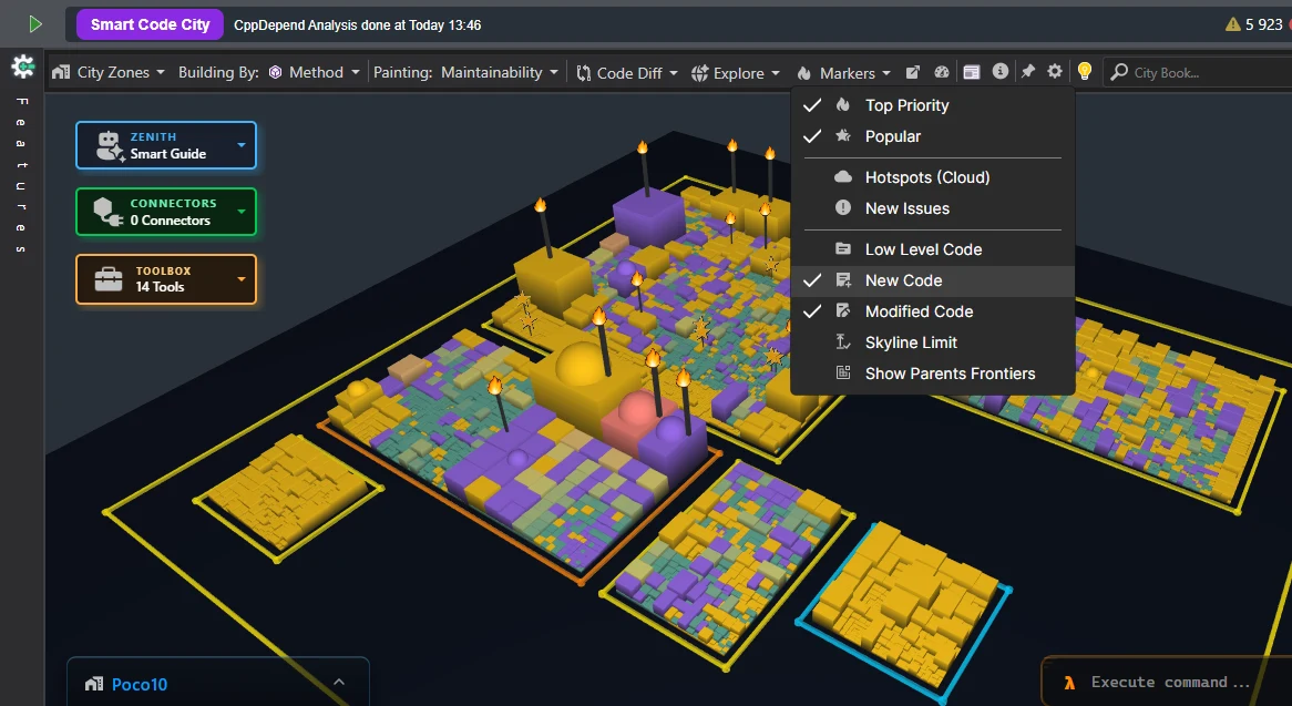 Code-Diff-Ansicht in Smart Code City: goldene Gebäude für neuen Code, violette für geänderten Code