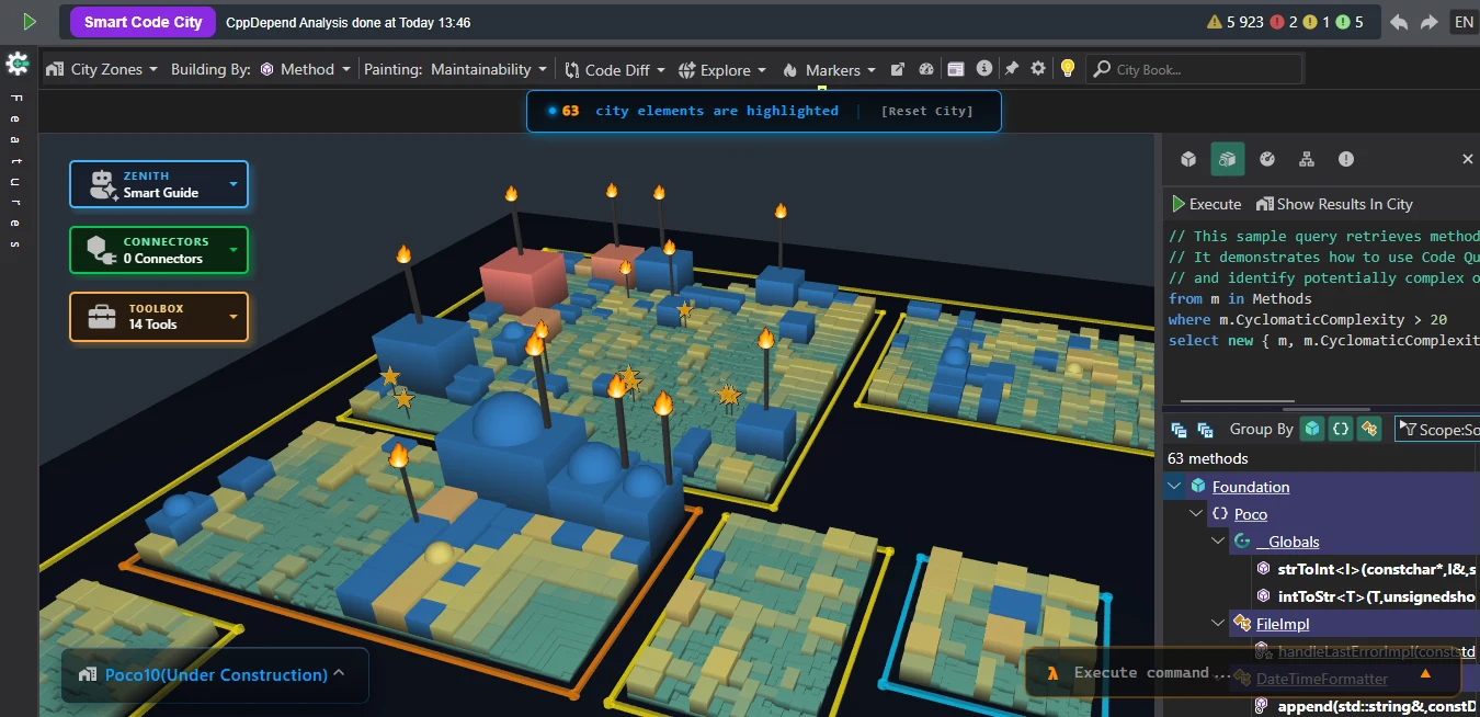 CQLinq-Abfrageergebnisse, hellblau hervorgehoben in der Smart-Code-City-3D-Landschaft