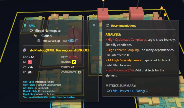 Empfehlungs-Panel per Doppelklick in Smart Code City mit priorisierten Refactoring-Ratschlägen