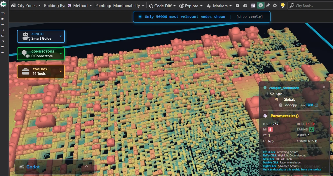 The Godot codebase visualized as a 3D Code City in CppDepend