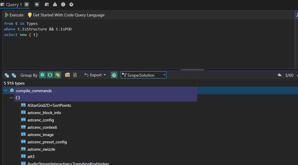 A Code Quest query listing the POD types in the Godot codebase