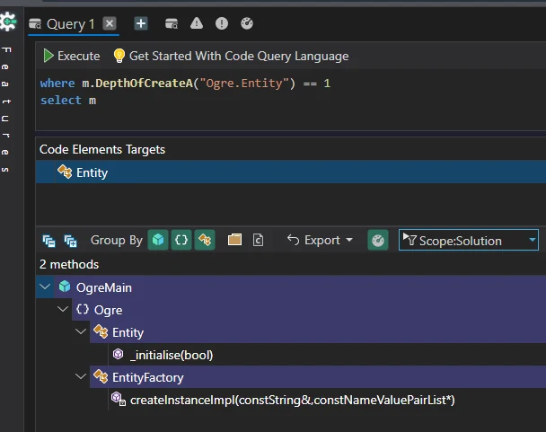 Code-Quest-Abfrage zeigt, dass nur EntityFactory Ogre.Entity-Instanzen direkt erzeugt
