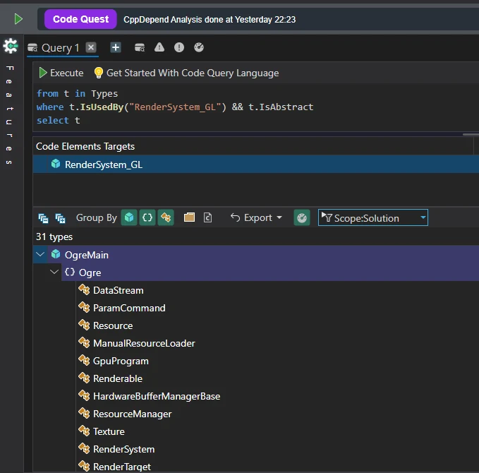 Code-Quest-Abfrage mit den 31 abstrakten OgreMain-Typen, die von RenderSystem_GL verwendet werden