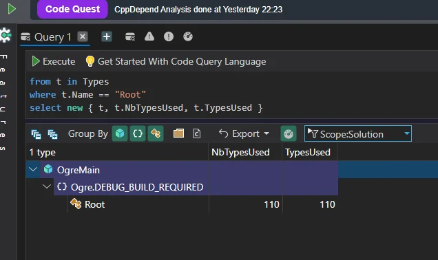 Code-Quest-Abfrage zeigt, dass Ogre::Root 110 Typen verwendet (efferente Kopplung über 100)
