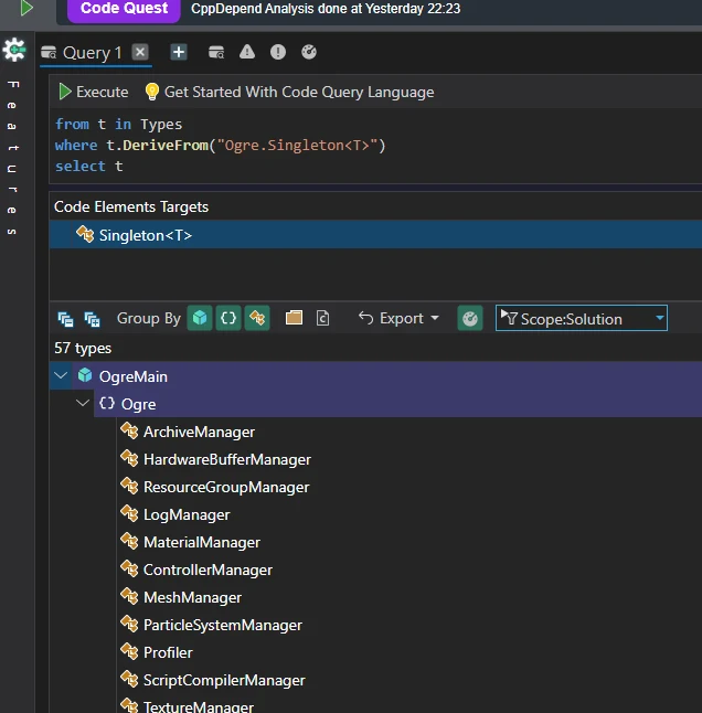 Code-Quest-Abfrage mit den 57 Typen, die von Ogre.Singleton<T> ableiten