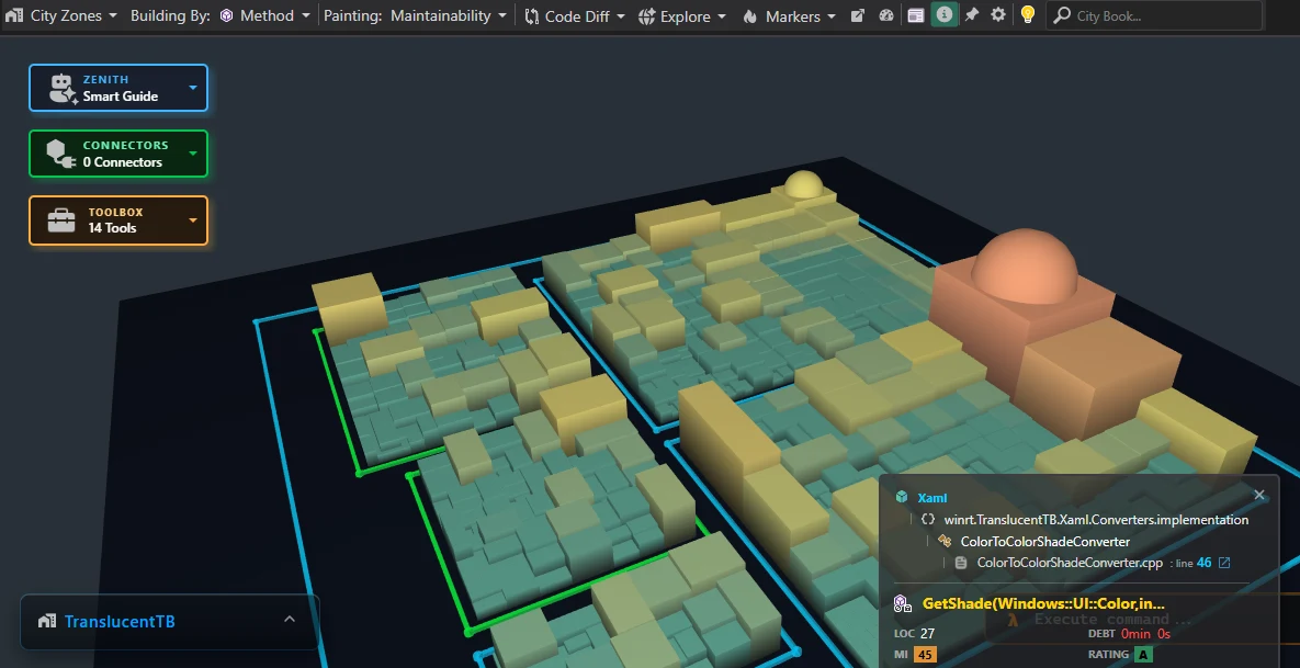 Die TranslucentTB-Codebasis als gleichmäßige, gut strukturierte 3D Code City in CppDepend