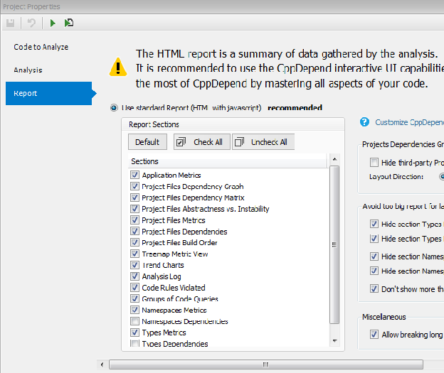 Report sections customization panel