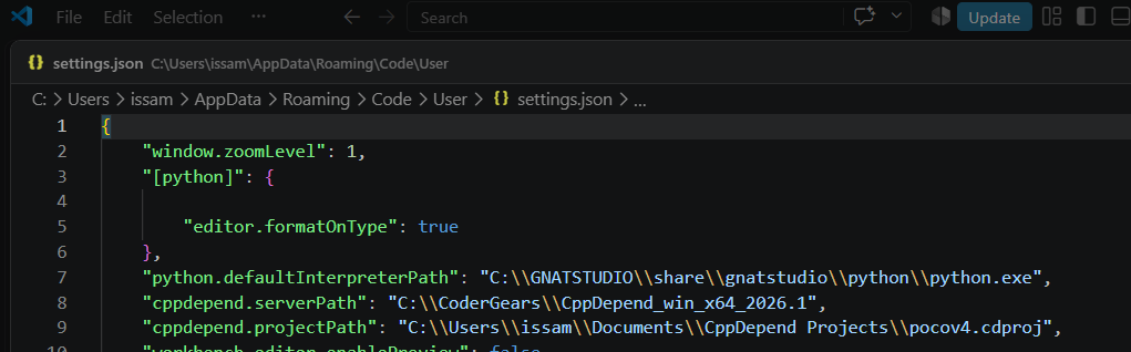 settings.json with cppdepend.serverPath and cppdepend.projectPath configured