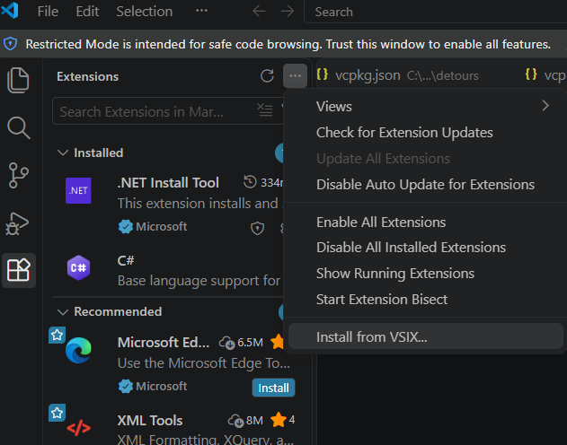 VS Code Extensions view: Install from VSIX menu