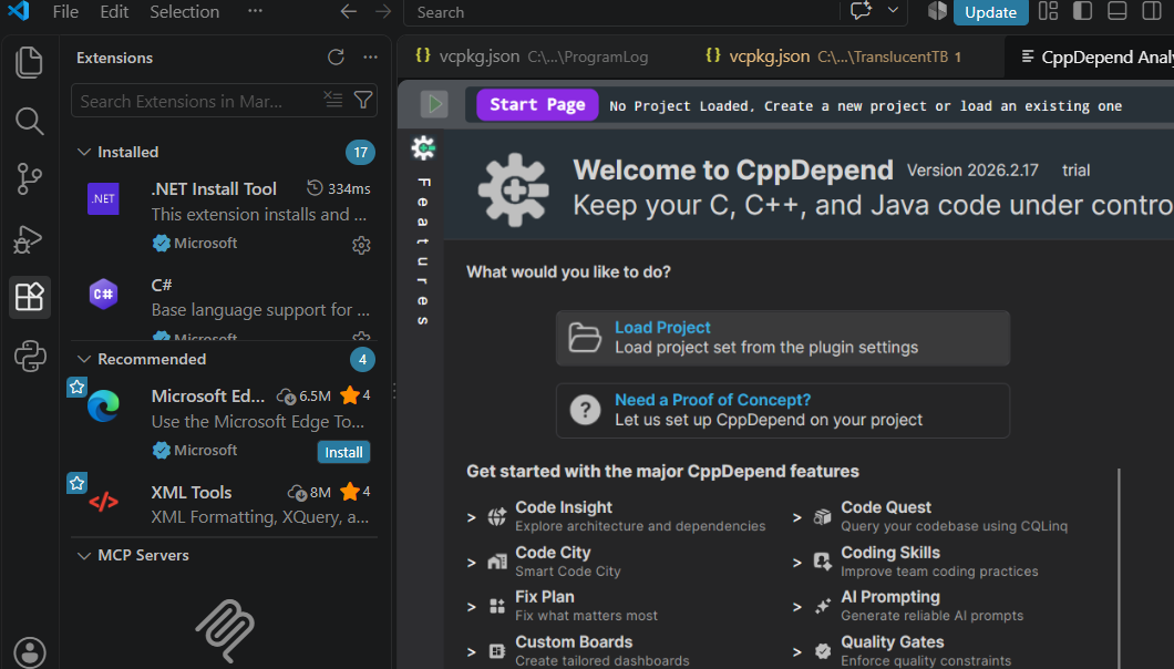 CppDepend start page in VS Code with Load Project button
